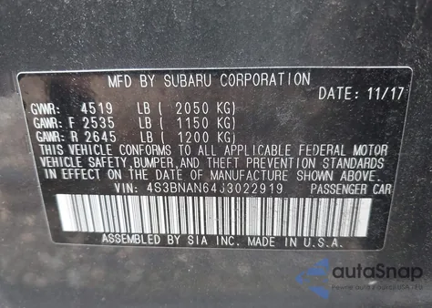 2018 Subaru Legacy 2.5I Limited from USA, damaged, VIN 4S3BNAN64J3022919